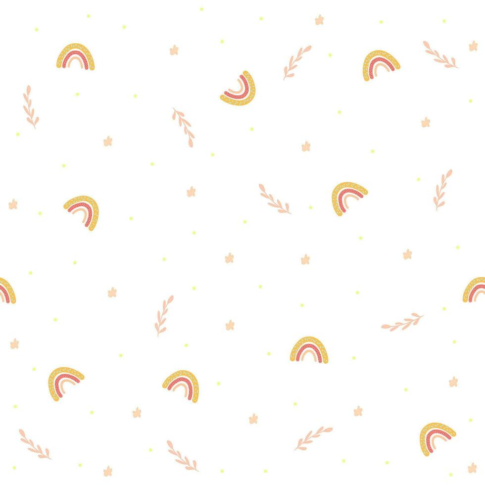 naadloos patroon met abstract bloemen, regenbogen en botanisch elementen, kinderachtig afdrukken voor behang, kinderen stof, kinderkamer interieur, pastelkleur baby douche illustratie in boho stijl, wit achtergrond vector