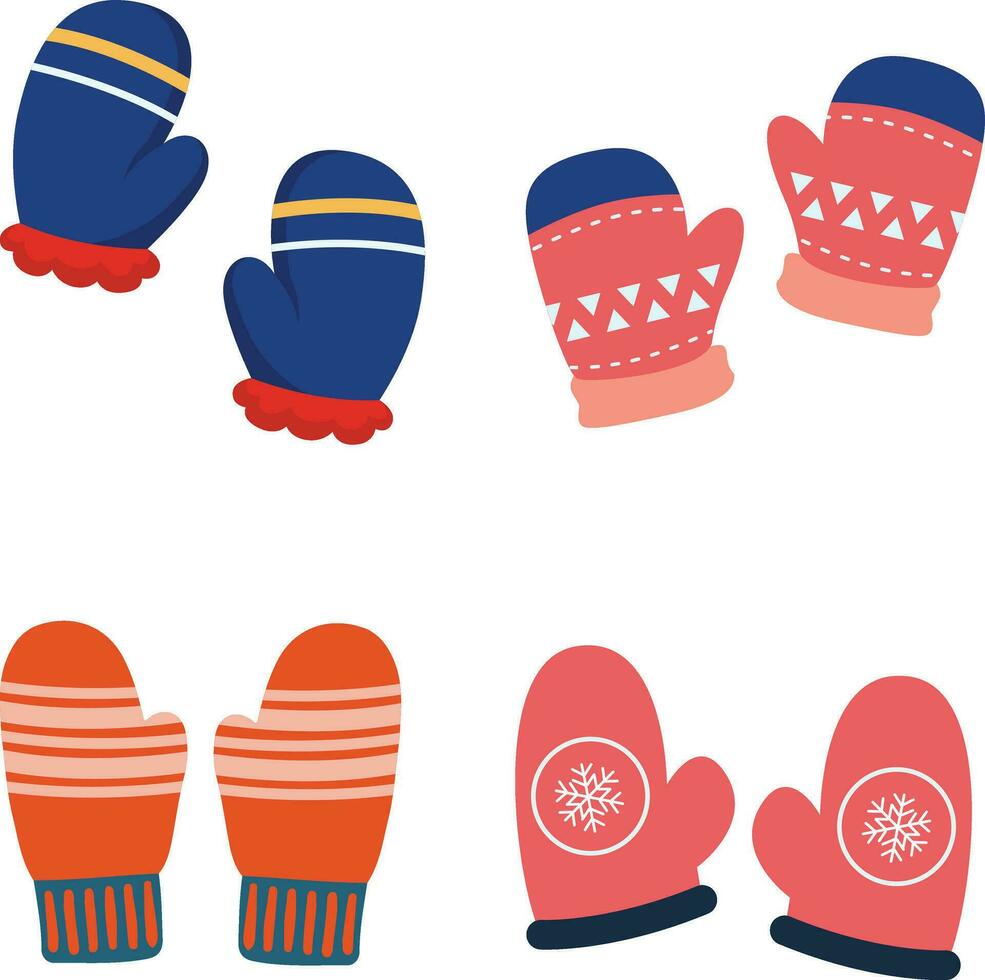 winter handschoenen set. schattig kleurrijk geweven of gebreid handschoenen voor verkoudheid ijzig weer geïsoleerd Aan wit achtergrond. tekenfilm vlak vector illustratie