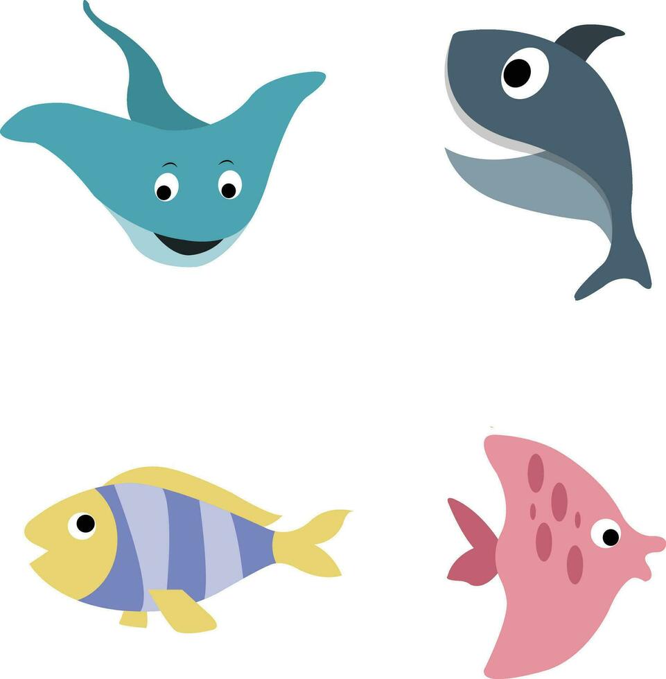 schattig zee dieren. voor ontwerp decoratie.inwoners van de zee wereld, schattig, grappig onderwater- schepsels dolfijn, haai, oceaan krabben, zee schildpad, garnaal. vlak tekenfilm illustratie vector