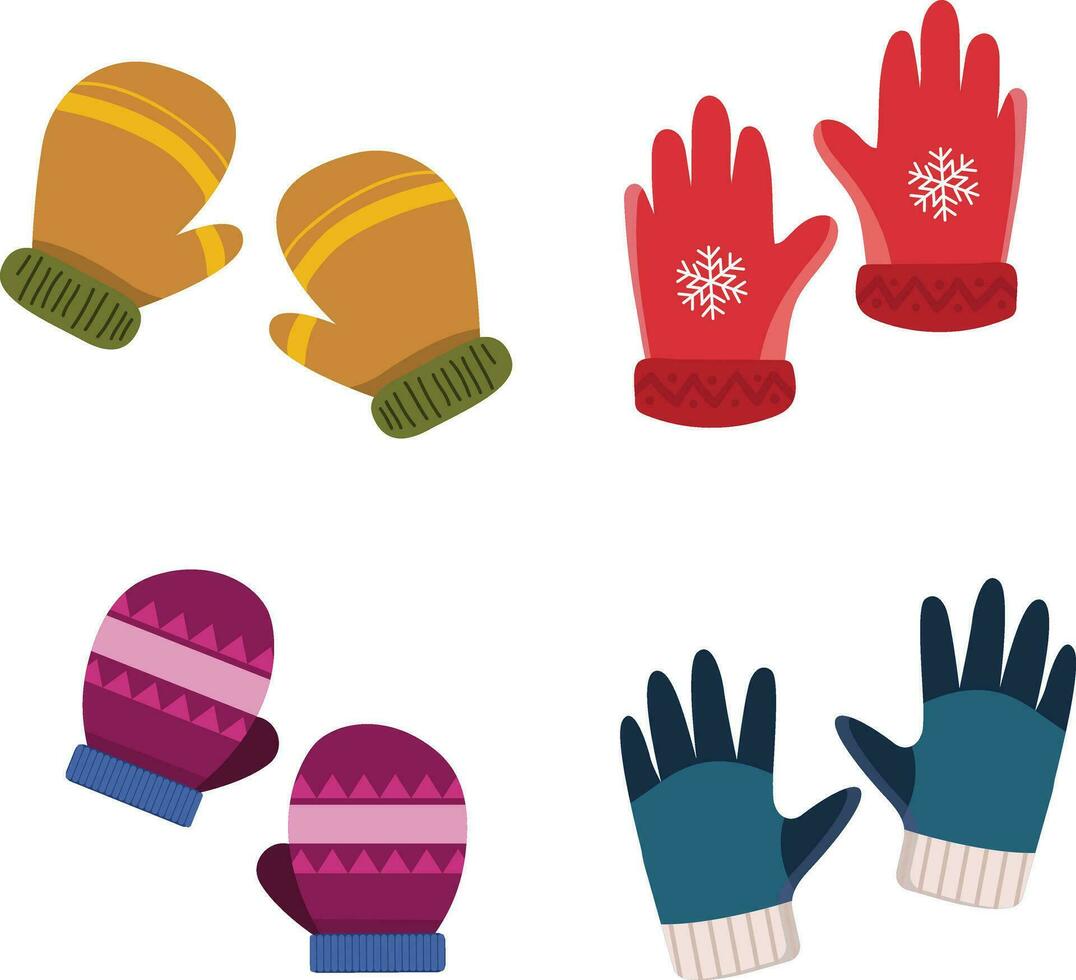 winter handschoenen set. schattig kleurrijk geweven of gebreid handschoenen voor verkoudheid ijzig weer geïsoleerd Aan wit achtergrond. tekenfilm vlak vector illustratie