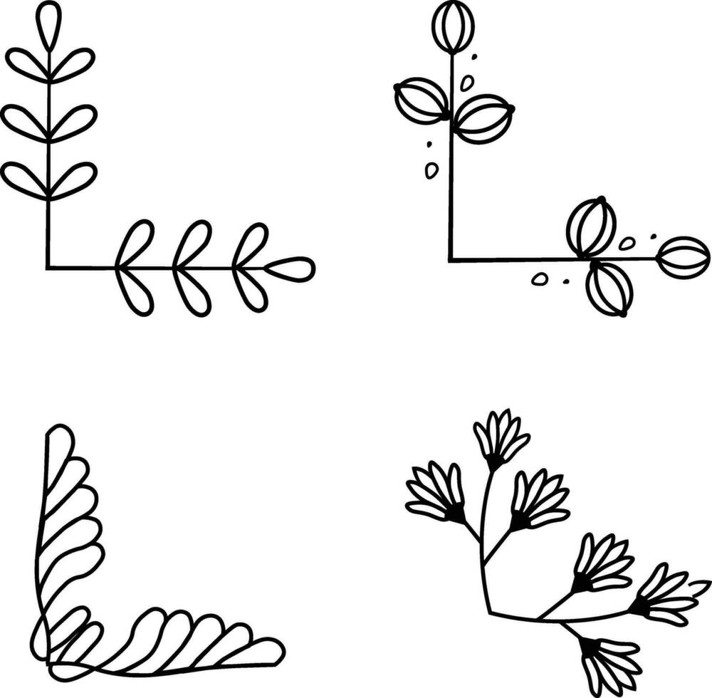 blad hoek kader, bloemen en blad ornamenten. geïsoleerd vector illustratie voor bruiloft, groet banier ontwerp. tekening schetsen stijl.illustratie vector