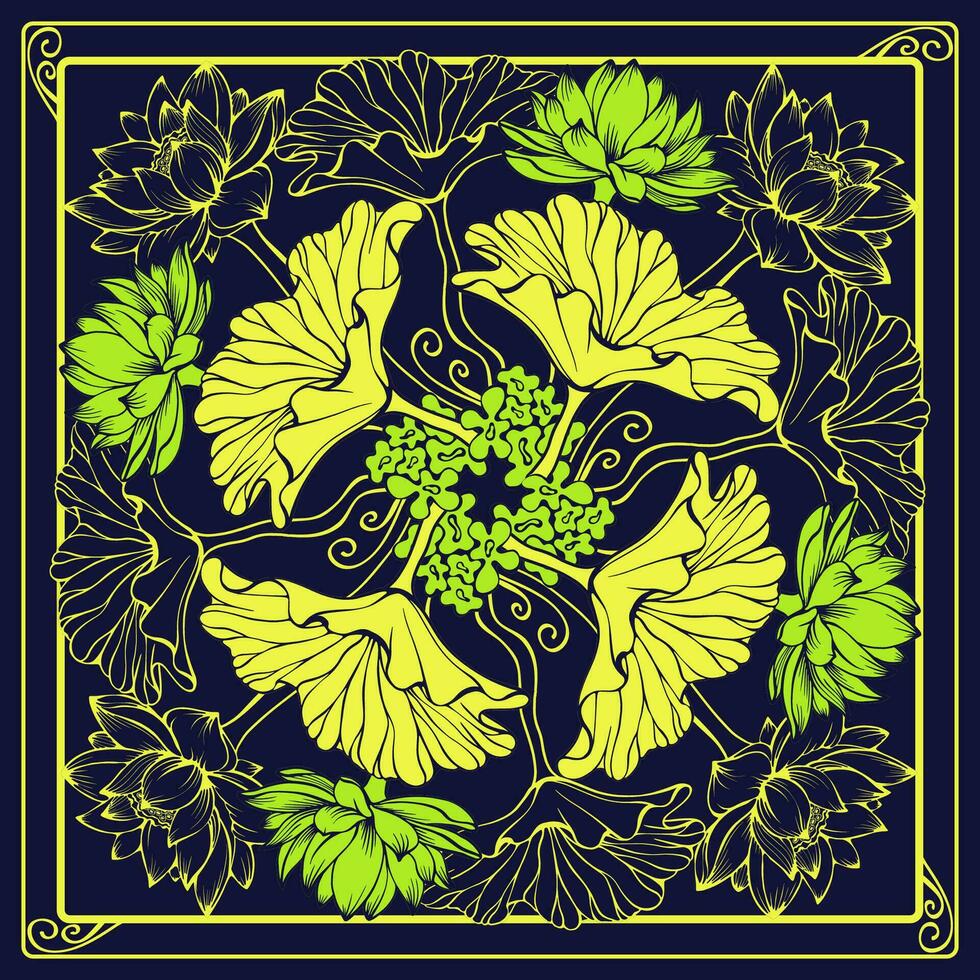 botanisch plein patroon met lotussen en bladeren. bloemen bandana. vector. vector