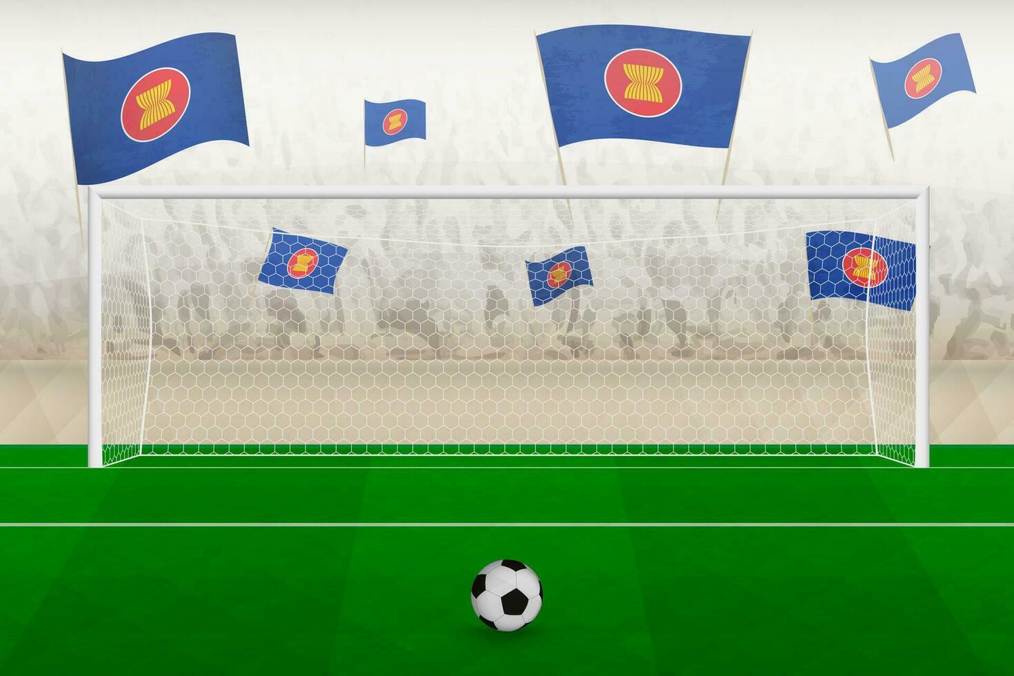 asean Amerikaans voetbal team fans met vlaggen van asean juichen Aan stadion, straf trap concept in een voetbal wedstrijd. vector