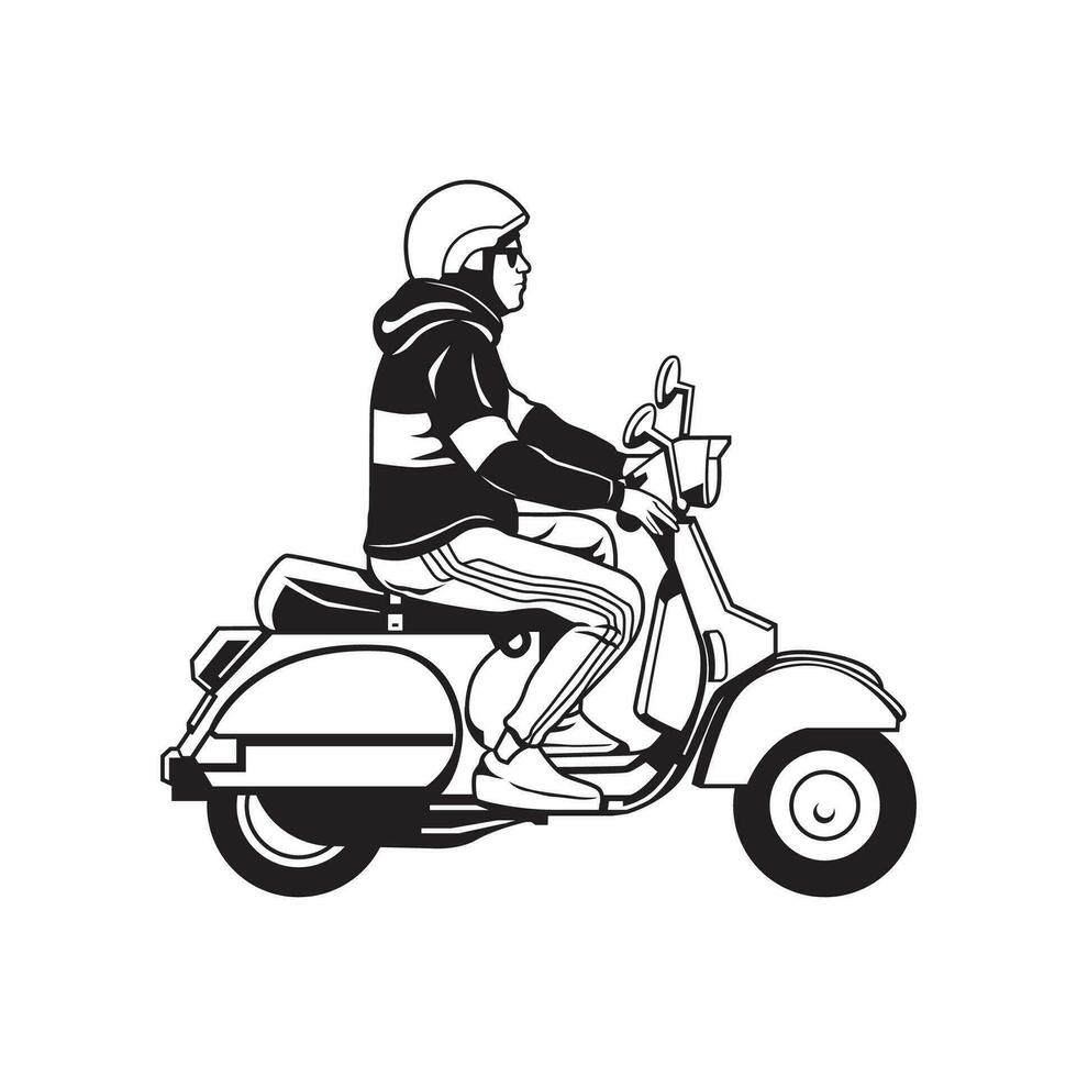 een Mens rijden scooter zwart en wit vector illustratie