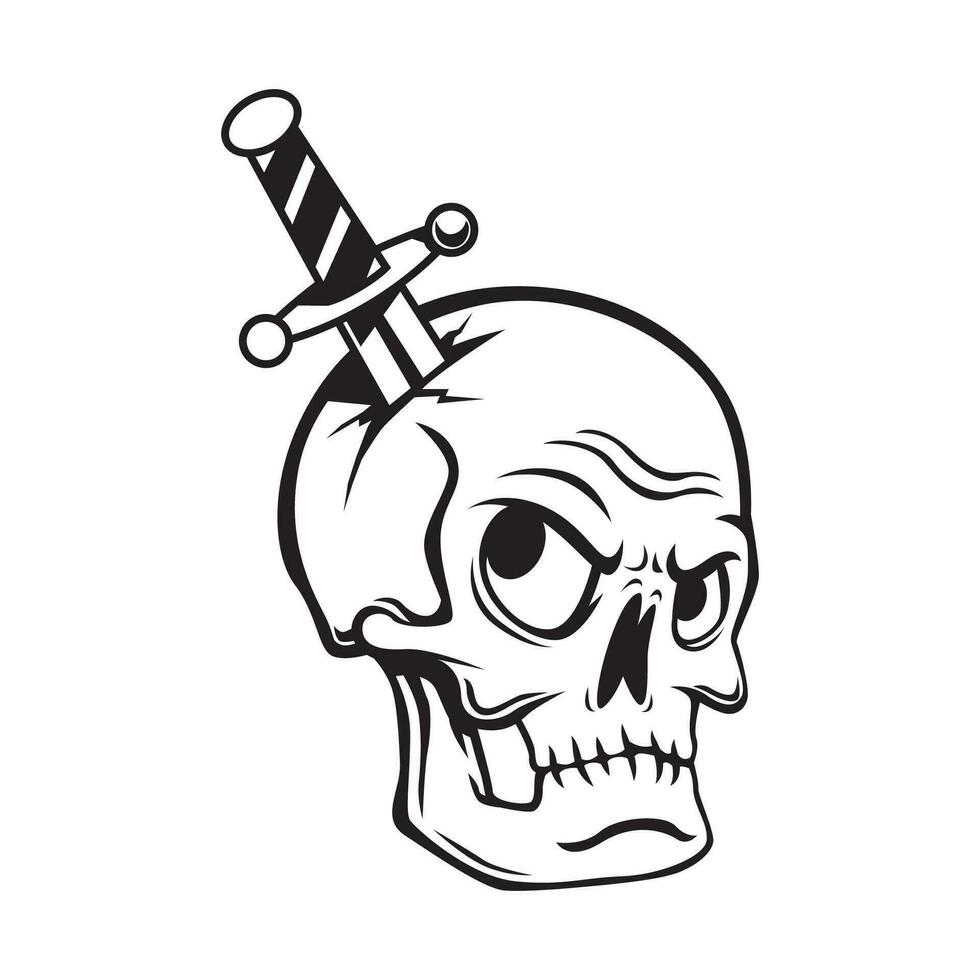 skelet hoofd met mes zit vast vector illustation