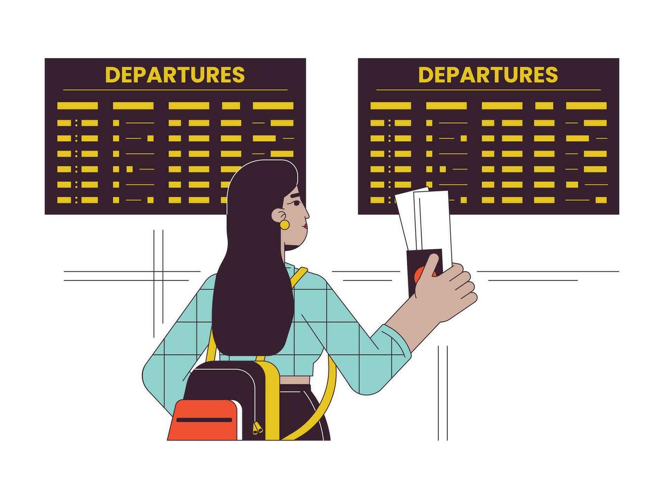 luchthaven vertrek vlak lijn vector plek illustratie. op reis luchthaven leerling vrouw 2d tekenfilm schets karakter Aan wit voor web ui ontwerp. meisje met kaartjes bewerkbare geïsoleerd kleurrijk held beeld