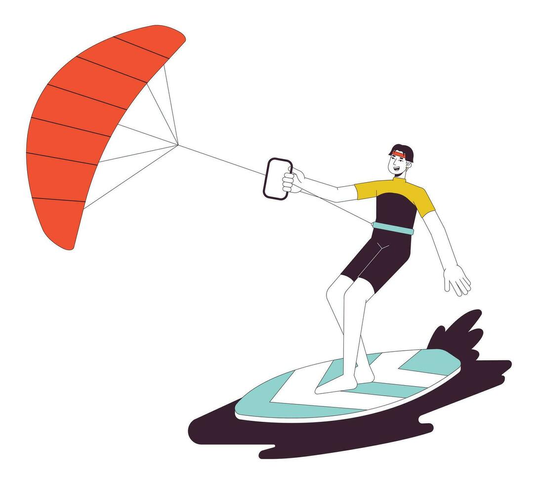 kitesurfen vlak lijn vector plek illustratie. surfer met vlieger staand Aan bord 2d tekenfilm schets karakter Aan wit voor web ui ontwerp. water sport- bewerkbare geïsoleerd kleurrijk held beeld