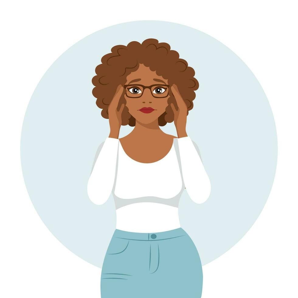 zwart vrouw in bril in een stressvol situatie. emoties en gebaren. vlak stijl illustratie, vector