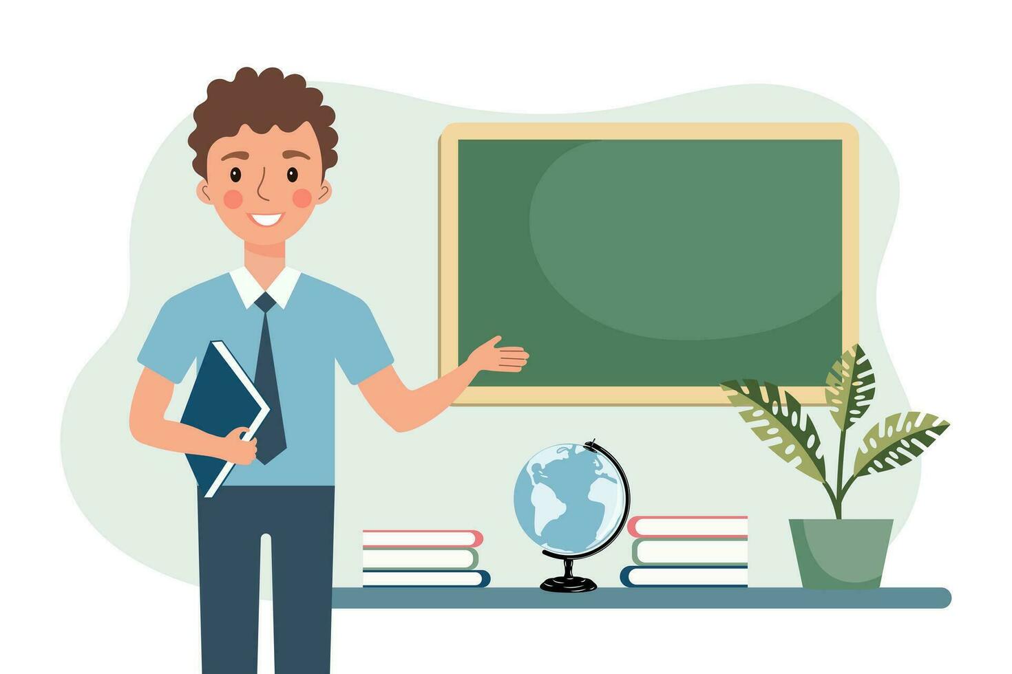 mannetje leraar in de klas met school- inrichting. de concept van school- en aan het leren, leraar dag. vector illustratie in vlak tekenfilm stijl
