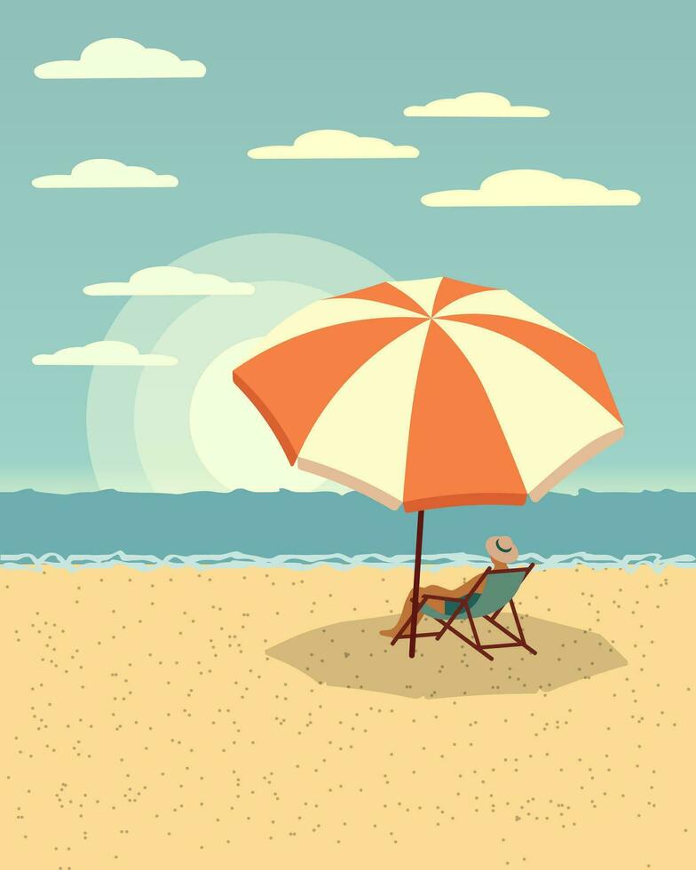 zeegezicht, een man in een strandstoel onder een parasol op een zeestrand. illustraties, afdrukken, kunst aan de muur vector