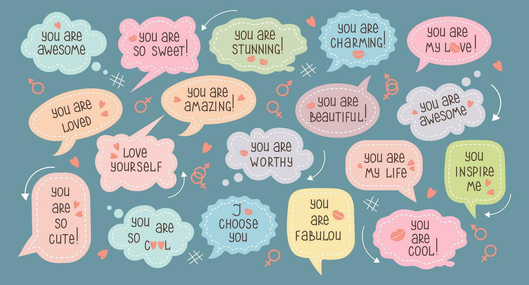 reeks van inspirerend toespraak bubbels met complimenten, citaten over liefde voor jezelf en anderen. tekenfilm pictogrammen, stickers, vector