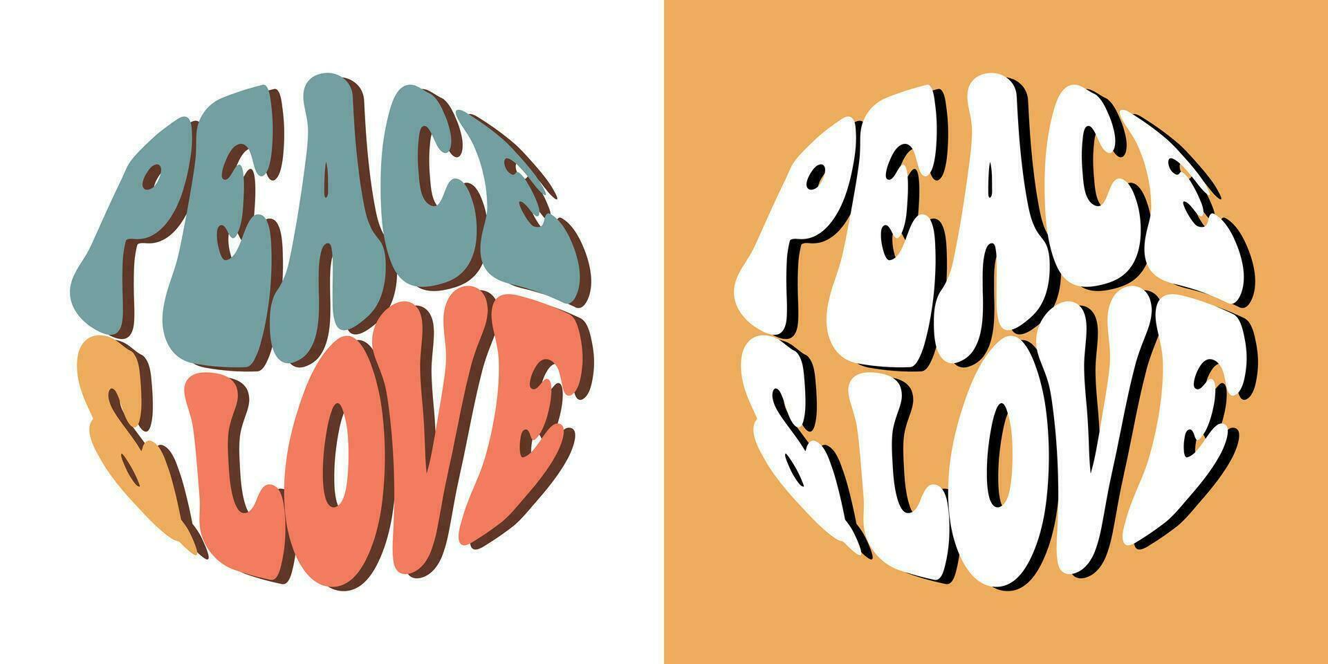 groovy belettering vrede en liefde. retro slogans in ronde vorm geven aan. modieus groovy afdrukken ontwerp voor affiches, kaarten, t overhemden vector