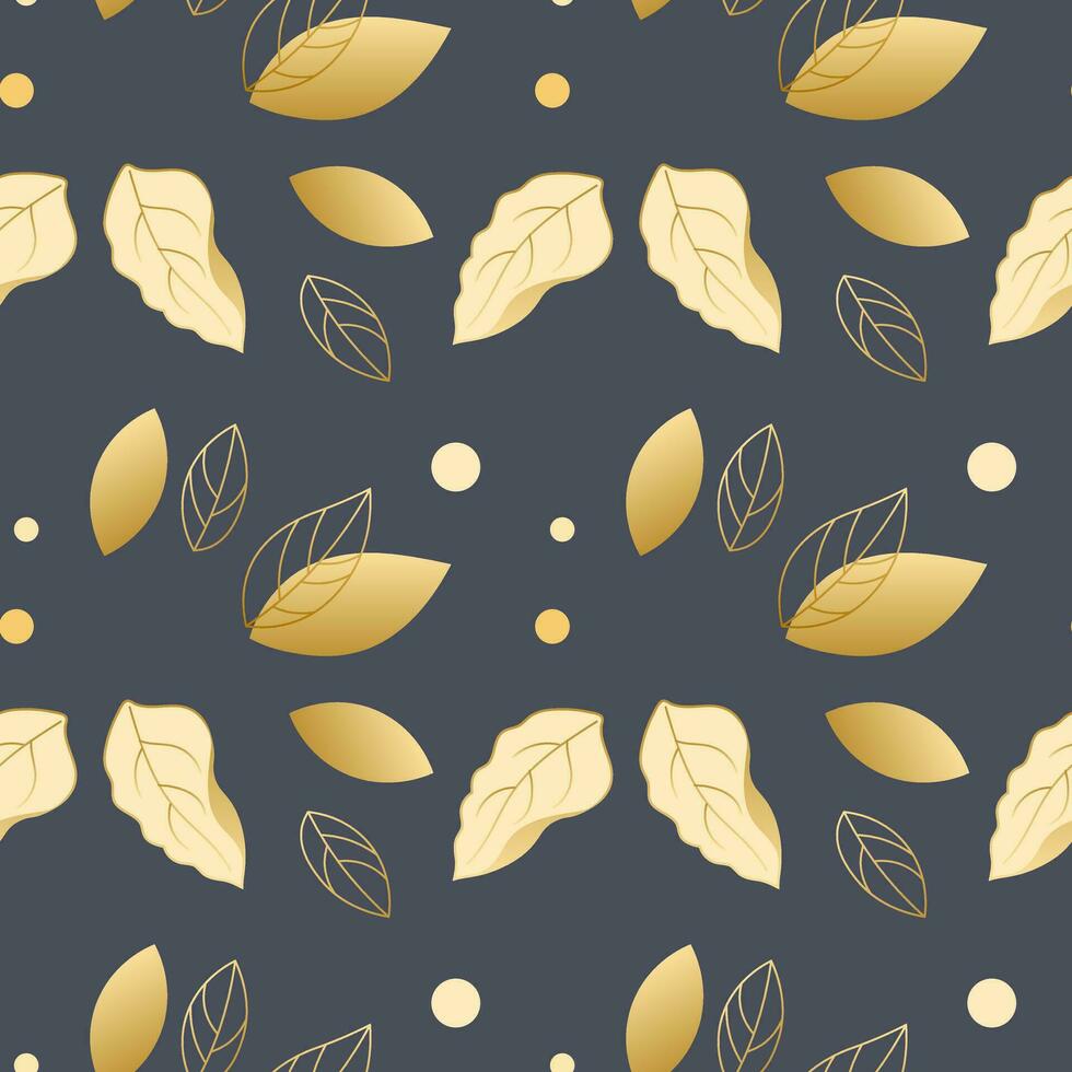 naadloos patroon, gouden bladeren met een contour Aan een grijs achtergrond. wijnoogst achtergrond, afdrukken, textiel, vector