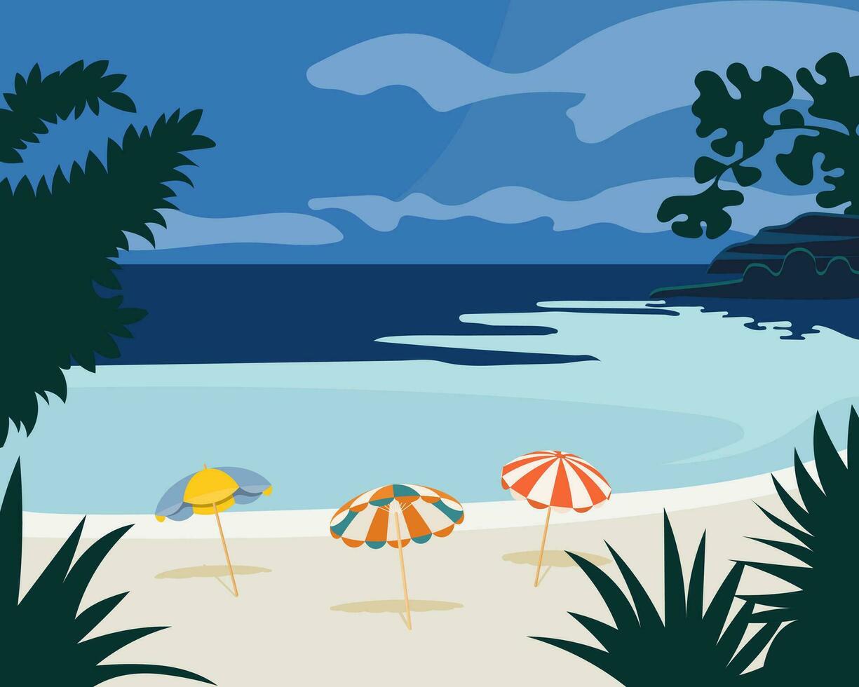 zeegezicht, strand, parasols tegen de achtergrond van de zee en tropische planten. poster, print, kleurrijke zomerse mariene illustratie vector