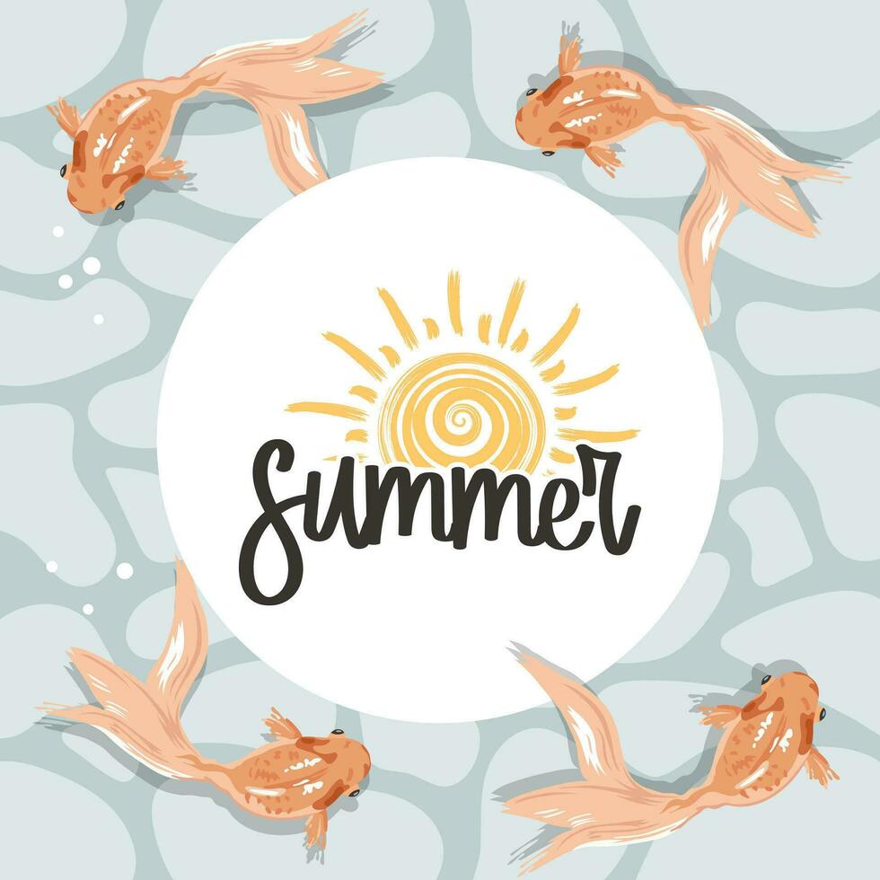 zomer illustratie, getrokken goudvis Aan de water en belettering zomer. afdrukken, klem kunst, sjabloon vector