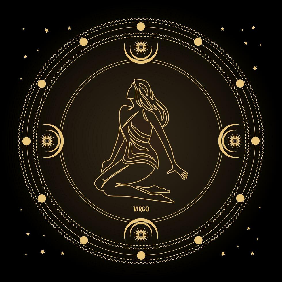 Maagd dierenriem teken, astrologisch horoscoop teken in een mystiek cirkel met maan, zon en sterren. gouden ontwerp, vector