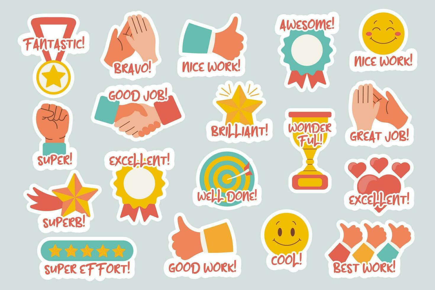 verzameling van motiverende stickers voor Super goed werk. stickers, insignes, pictogrammen. vlak stijl, vector
