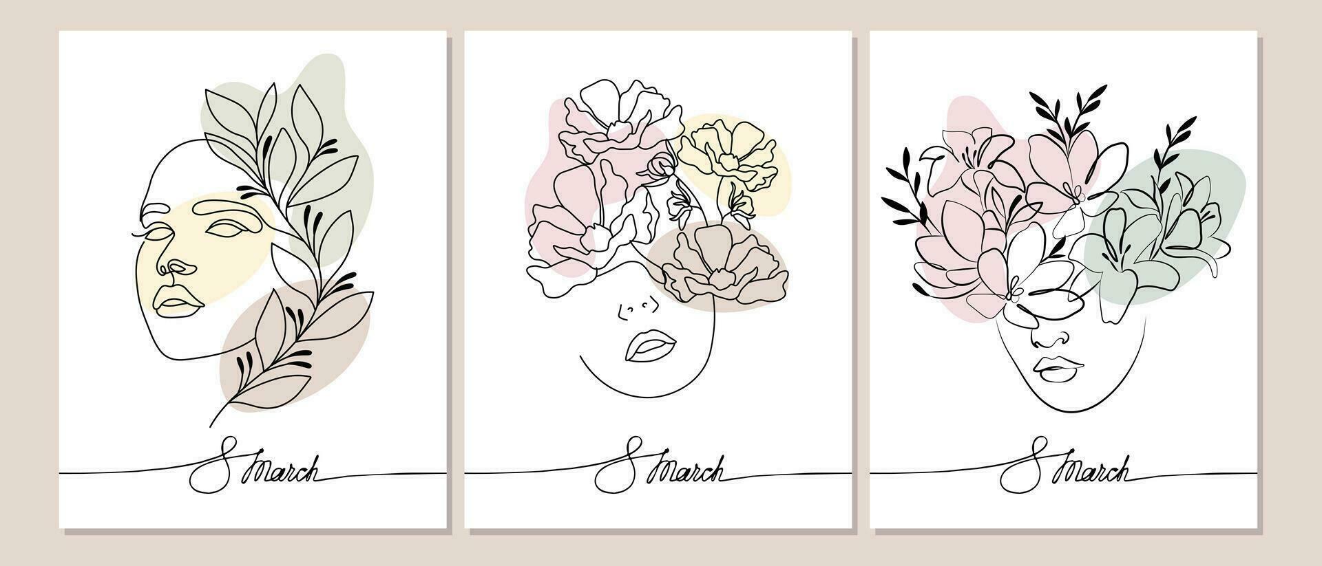 lijn kunst, reeks van portretten van een vrouw gezicht met bloemen, zwart lijn met abstract vlekken. maart 8 ansichtkaart set, muur kunst, poster vector