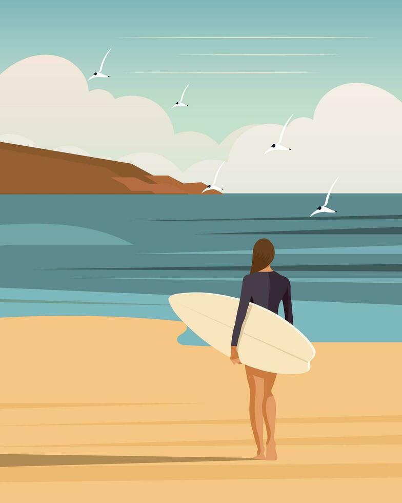 surfer meisje aan de kust met een surfplank tegen de achtergrond van een zeegezicht. actief vakantieconcept, poster, vector