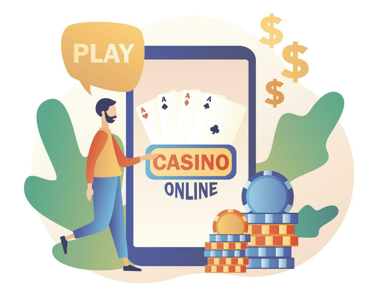 internet casino en het gokken concept. klein Mens gaming online spellen Aan smartphone. mensen Speel online poker. modern vlak tekenfilm stijl. vector illustratie