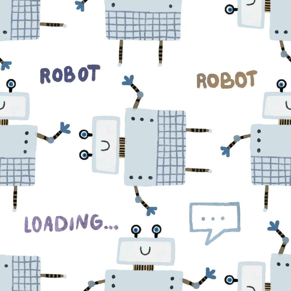 naadloos patroon met verschillend wijnoogst robotten. hand- geschilderd illustratie. geïsoleerd eindeloos herhalen kleur gemakkelijk vlak patroon met robots, bouten, belettering en krabbels. patroon voor kinderen met robots vector