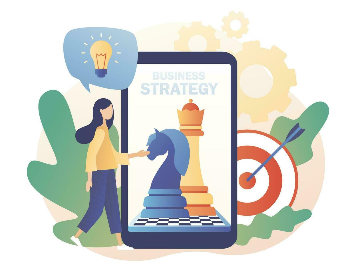 bedrijf strategie. schaak spel. schaak stukken Aan smartphone scherm. klein vrouw werk naar gegevens analyse, strategie planning en geslaagd bedrijf. modern vlak tekenfilm stijl. vector illustratie