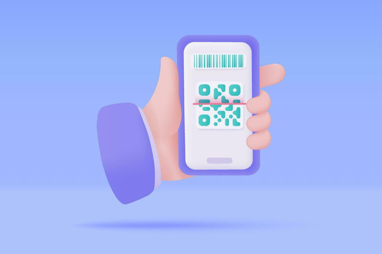 hand- Holding een telefoon. online betaling door credit kaart zonder contant geld maatschappij scannen qr code naar betalen online. 3d illustratie. vector