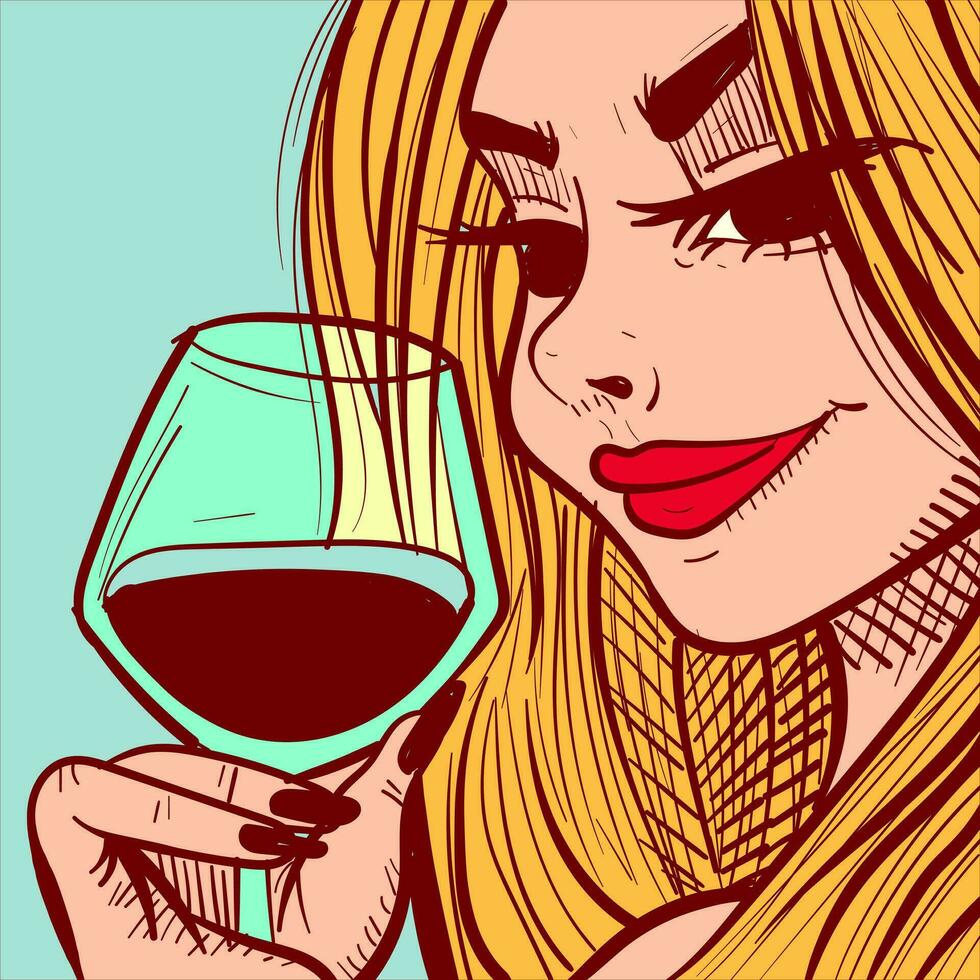 digitaal kunst van een blond vrouw met rood lippen vasthoudend cocktail. elegant vrouw drinken een glas van wijn vector