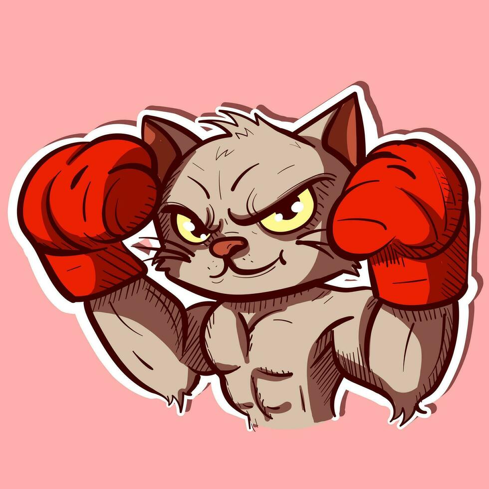 digitaal kunst van een kat tekenfilm karakter op zoek taai en vervelend boksen handschoenen. bokser atleet pot vervelend mma en doos uitrusting vector