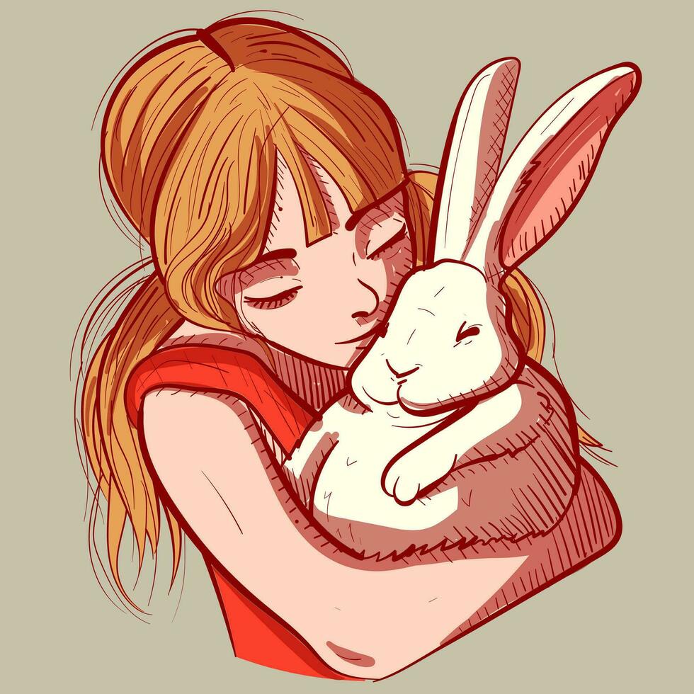 digitaal kunst van een kind Holding een dik wit konijn in haar armen. vector van een jong meisje en haar konijn huisdier knuffelen