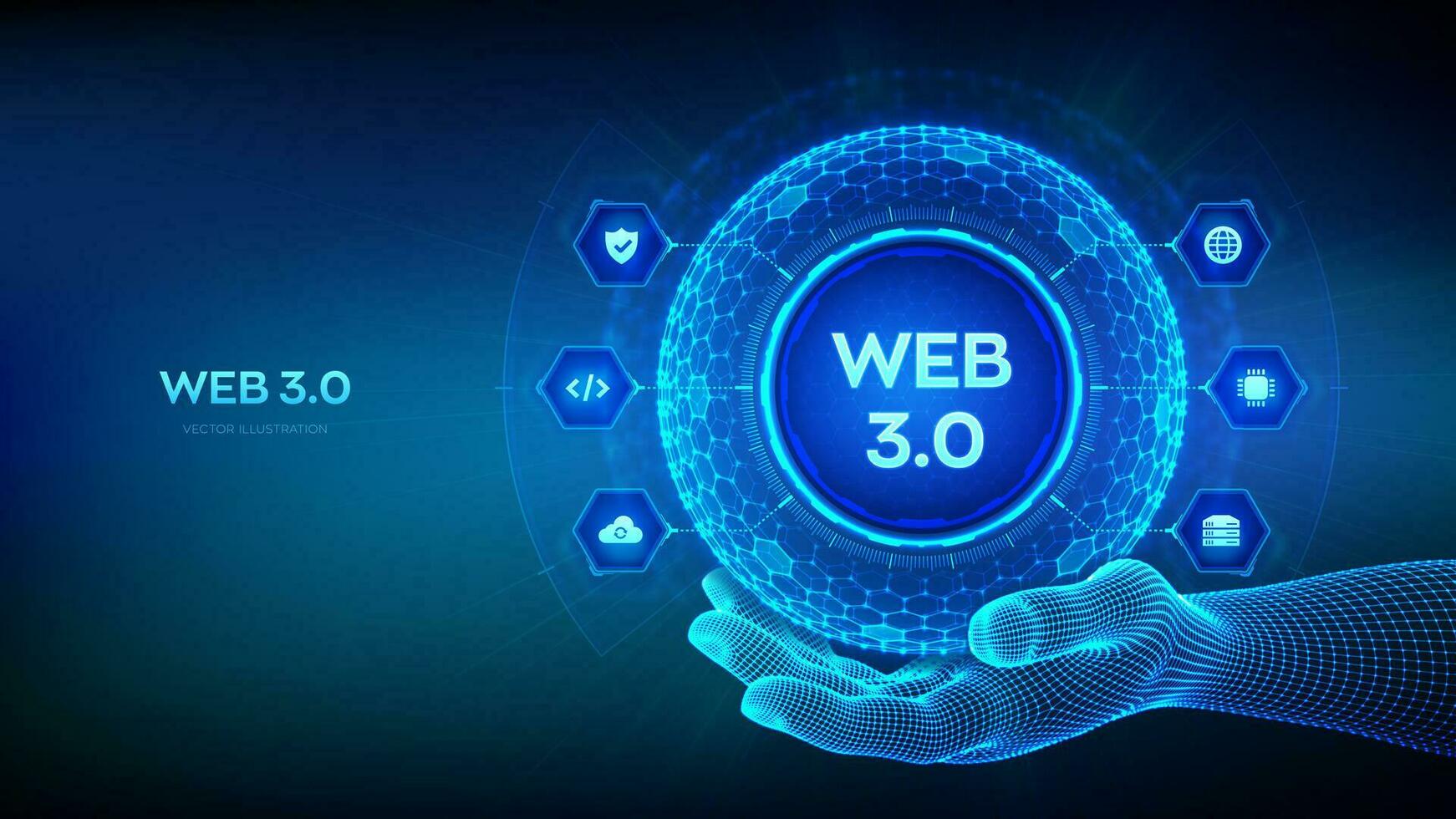 web 3.0. nieuw generatie van de internet abstract concept. blok keten gedecentraliseerd technologie. digitaal communicatie, ai en virtueel technologie. zeshoekig rooster gebied in wireframe hand. vector. vector