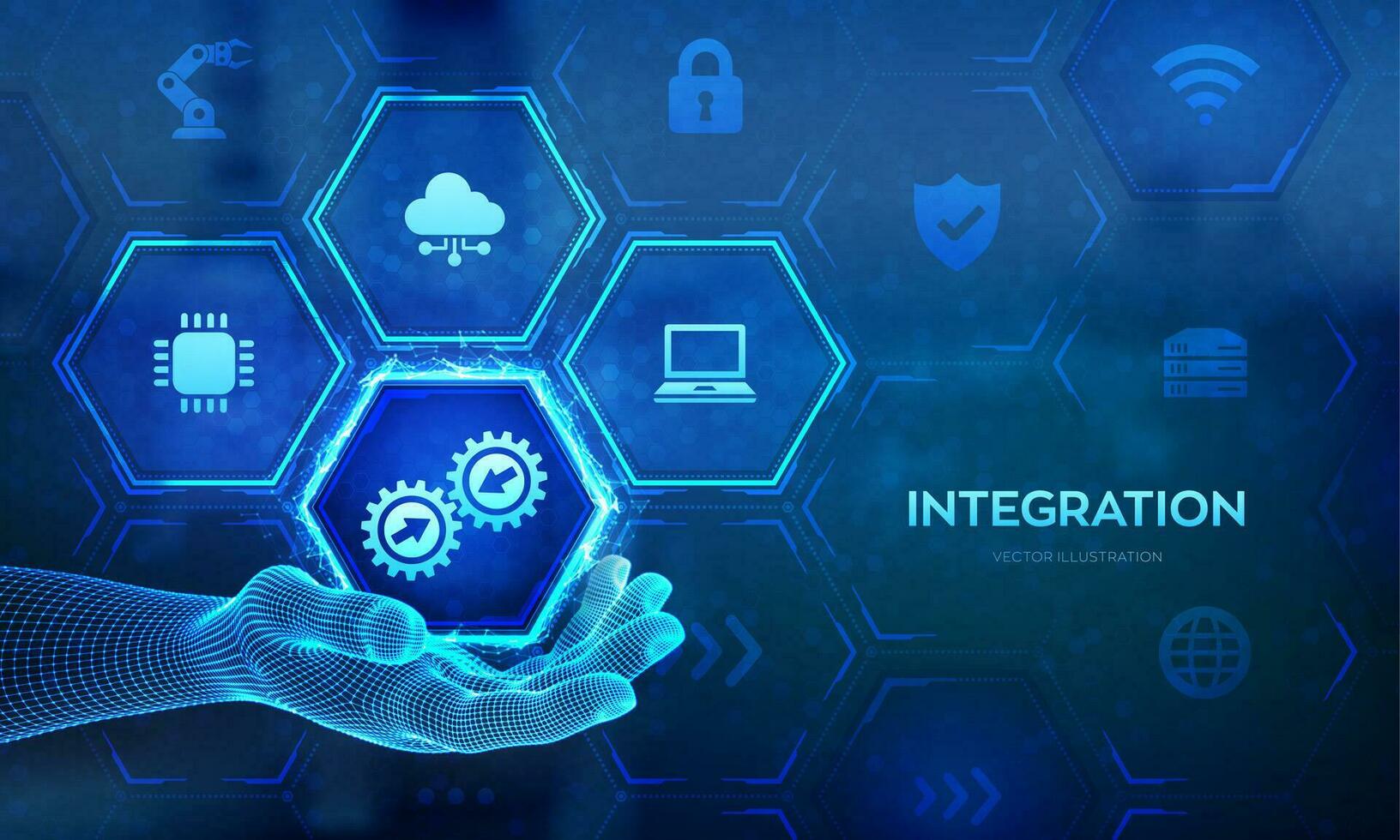 integratie data systeem. systeemintegratie technologie concept in wireframe hand. industriële en slimme technologie. zakelijke en automatiseringsoplossingen. vectorillustratie. vector