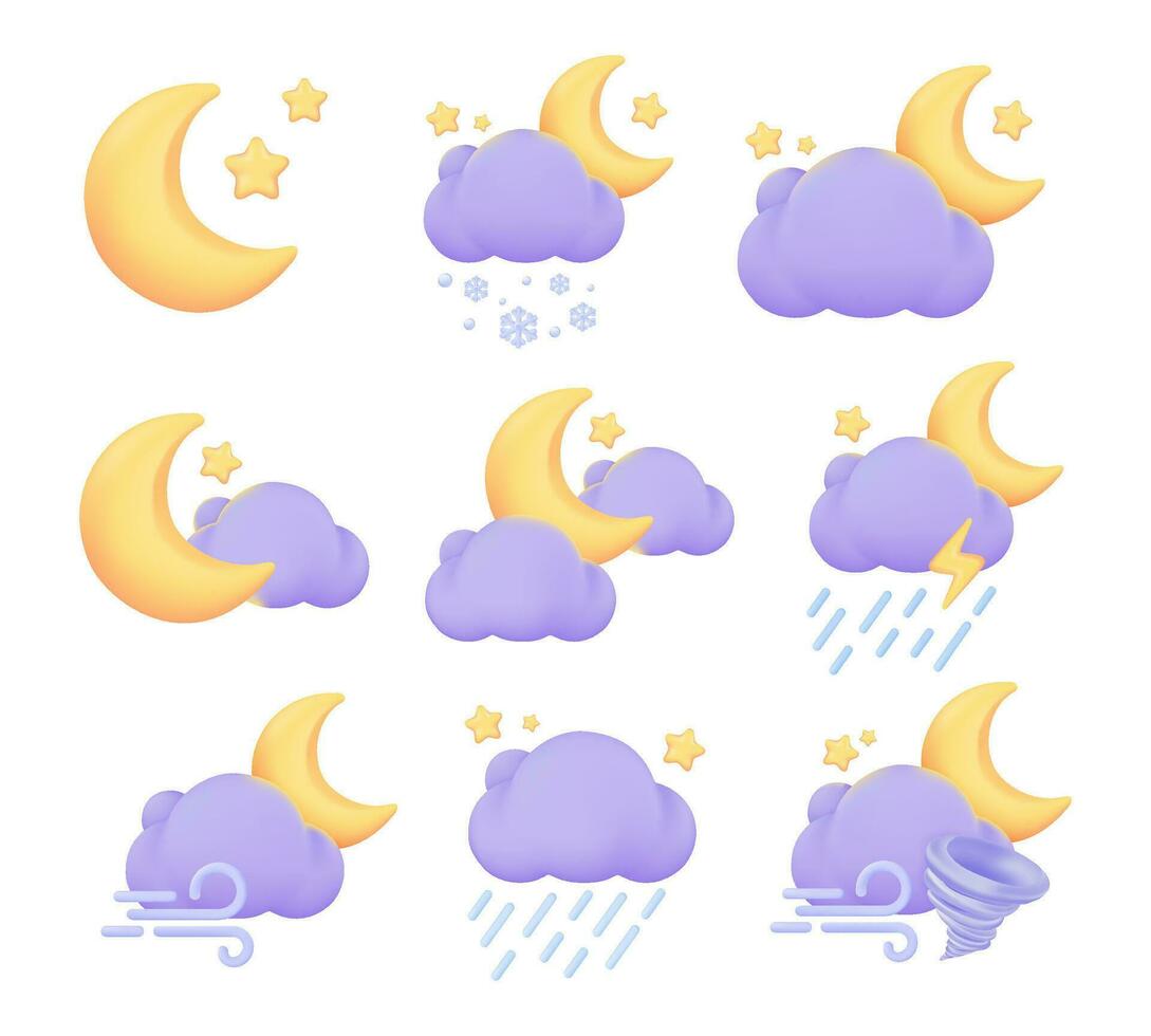 weer voorspelling icoon. nacht wolken met halve maan maan en sterren Aan een regenachtig nacht. 3d vector illustratie