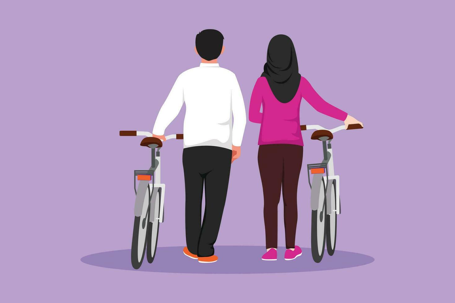 tekenfilm vlak stijl tekening terug visie van romantisch paar wandelen samen met fiets Bij buitenshuis park. Arabisch Mens en vrouw in liefde. gelukkig romantisch getrouwd paar. grafisch ontwerp vector illustratie