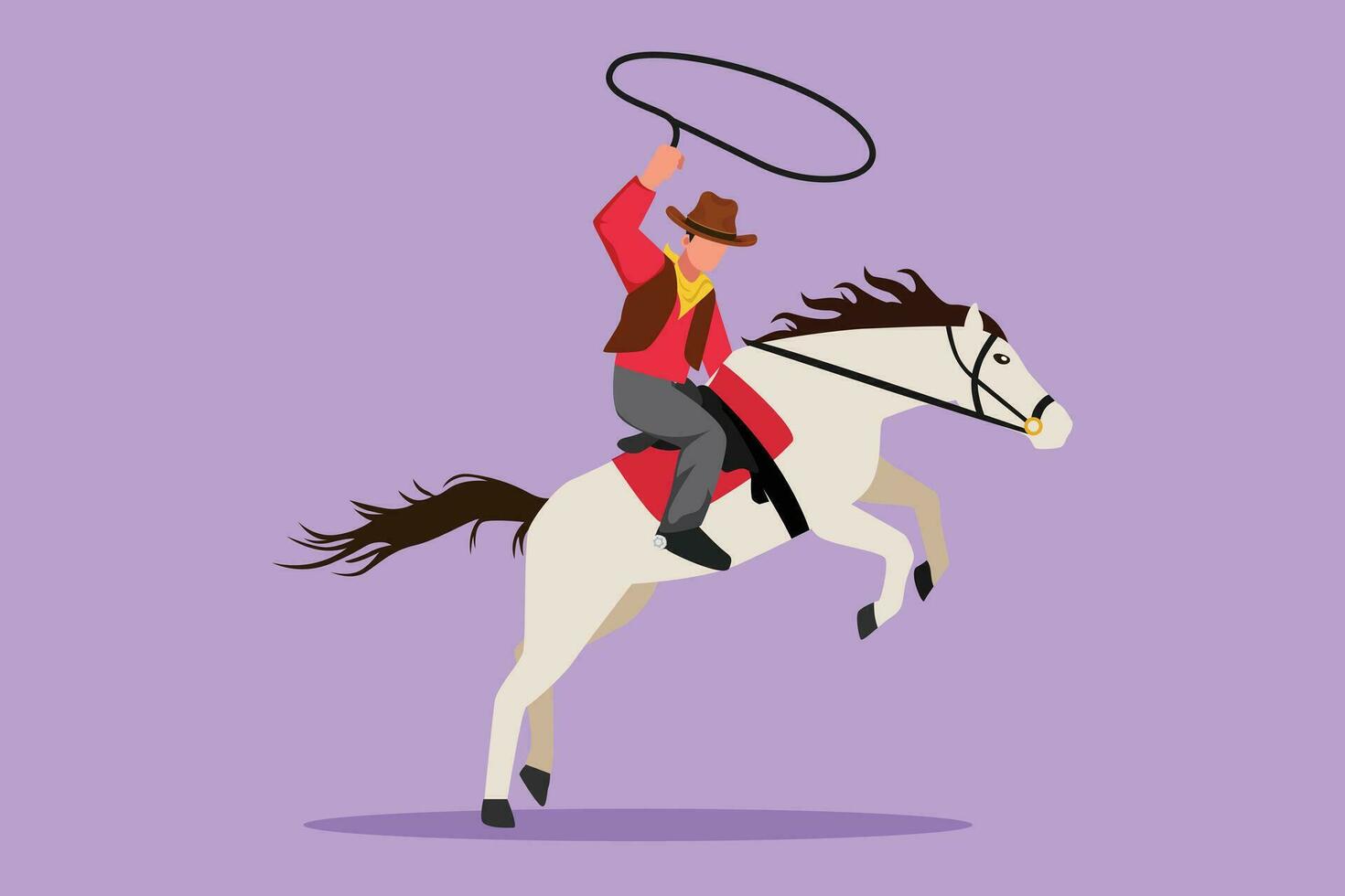 tekenfilm vlak stijl tekening dapper cowboy met lasso Aan grootbrengen paard. gestileerde cowboy met touw lasso Aan paard. gelukkig Amerikaans cowboy rijden paard en het werpen lasso. grafisch ontwerp vector illustratie