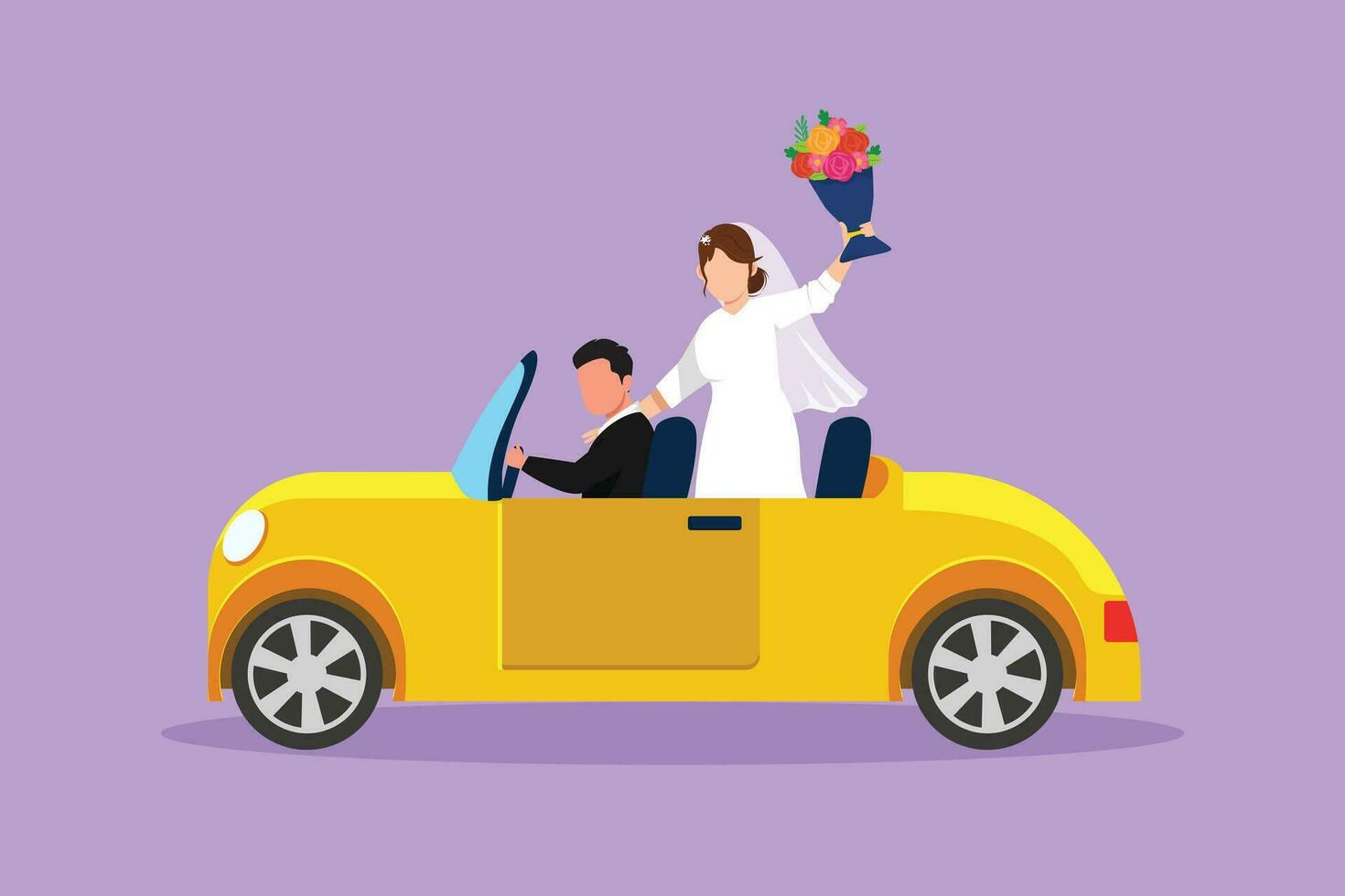 karakter vlak tekening nieuw getrouwd paar bruidegom in voertuig golvend boeket van bloemen. gelukkig Mens en vrouw rijden bruiloft auto. getrouwd paar romantisch relatie. tekenfilm ontwerp vector illustratie