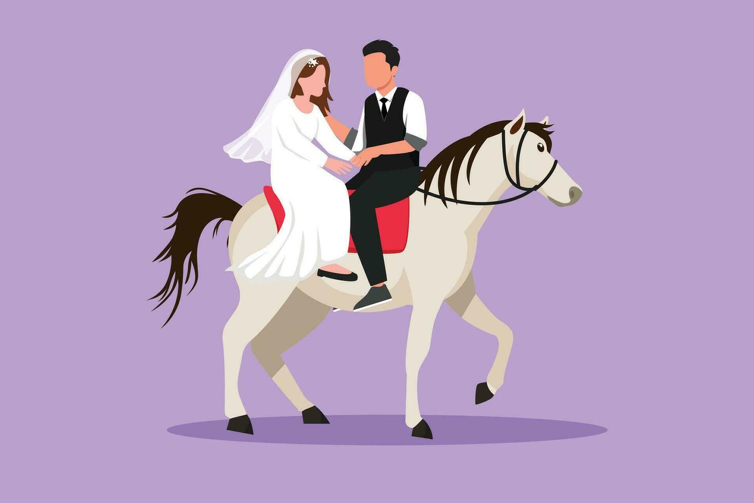 tekenfilm vlak stijl tekening romantisch getrouwd paar in liefde rijden paard. gelukkig knap Mens en schoonheid vrouw krijgen klaar voor bruiloft. verloving en liefde relatie. grafisch ontwerp vector illustratie