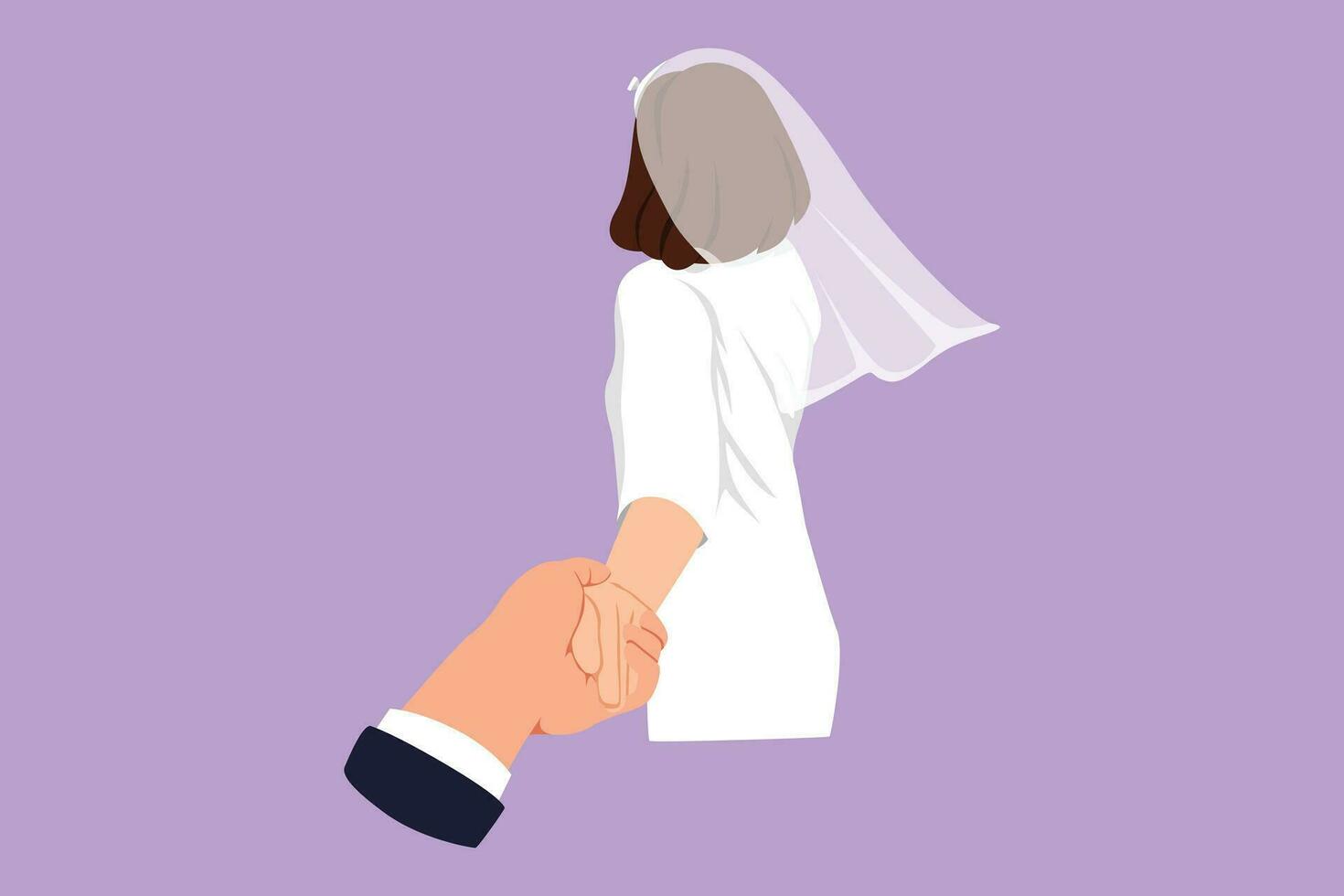 karakter vlak tekening getrouwd meisje Leidt jongens hand. mooi vrouw met bruiloft jurk wandelen Aan romantisch huwelijksreis vakantie Holding hand- van man in aansluiting op haar. tekenfilm ontwerp vector illustratie