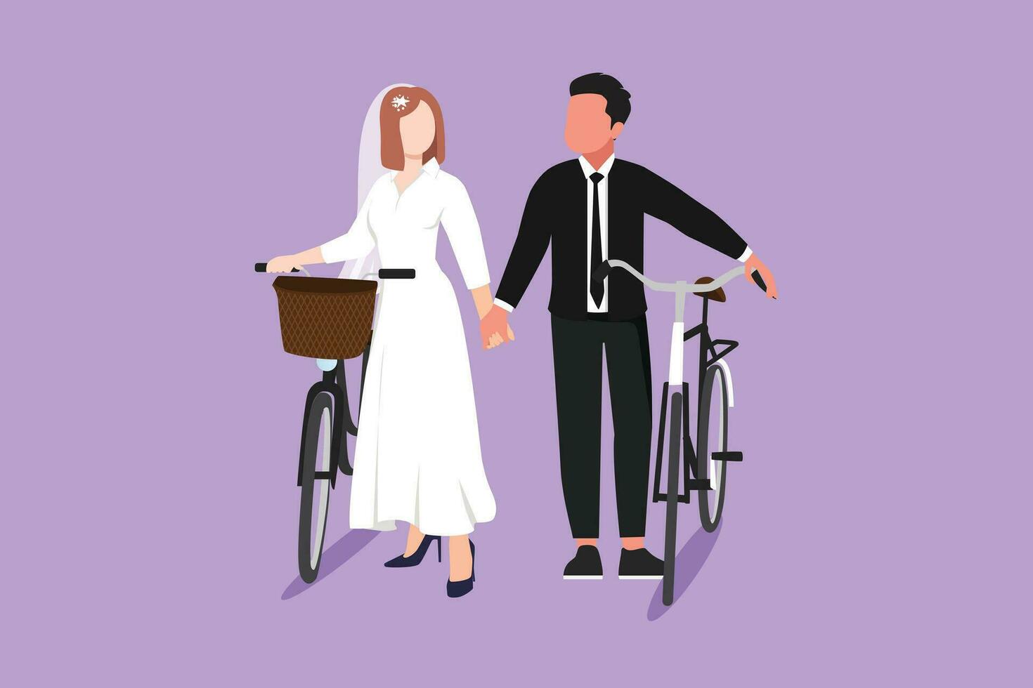 grafisch vlak ontwerp tekening van gelukkig getrouwd paar wandelen naar beneden Woud weg met hun fietsen Aan zomer dag. romantisch Mens en vrouw in liefde vervelend bruiloft jurk. tekenfilm stijl vector illustratie