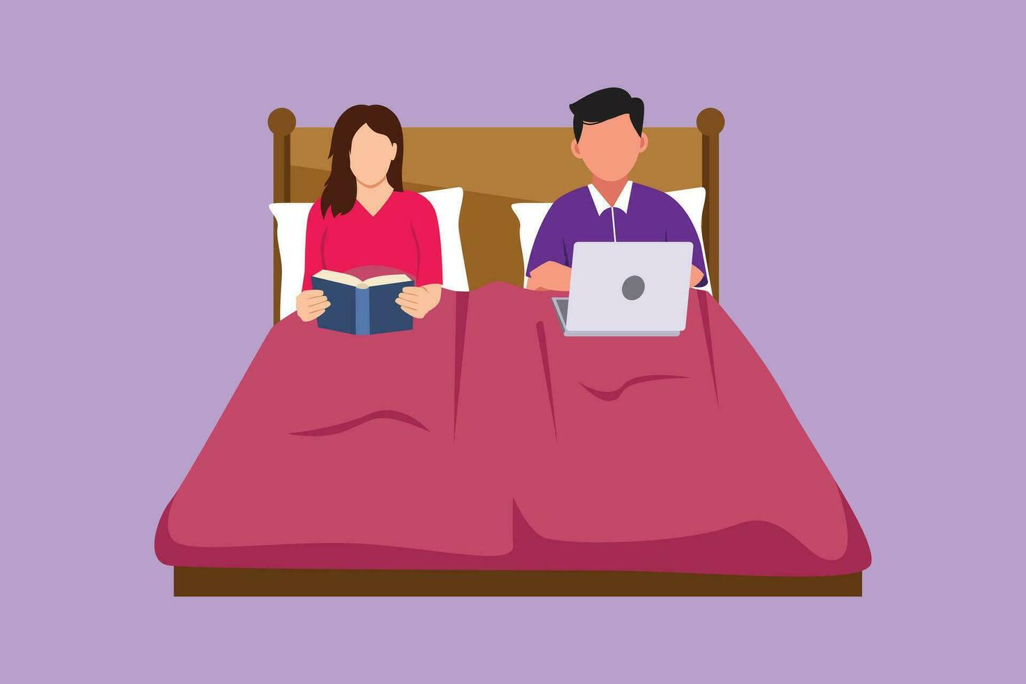 karakter vlak tekening paar uitgeven tijd in bed met comfortabel matras voordat vallend in slaap. Mens met laptop, surfing internetten. vrouw, lezing nachtkastje boek. tekenfilm ontwerp vector illustratie