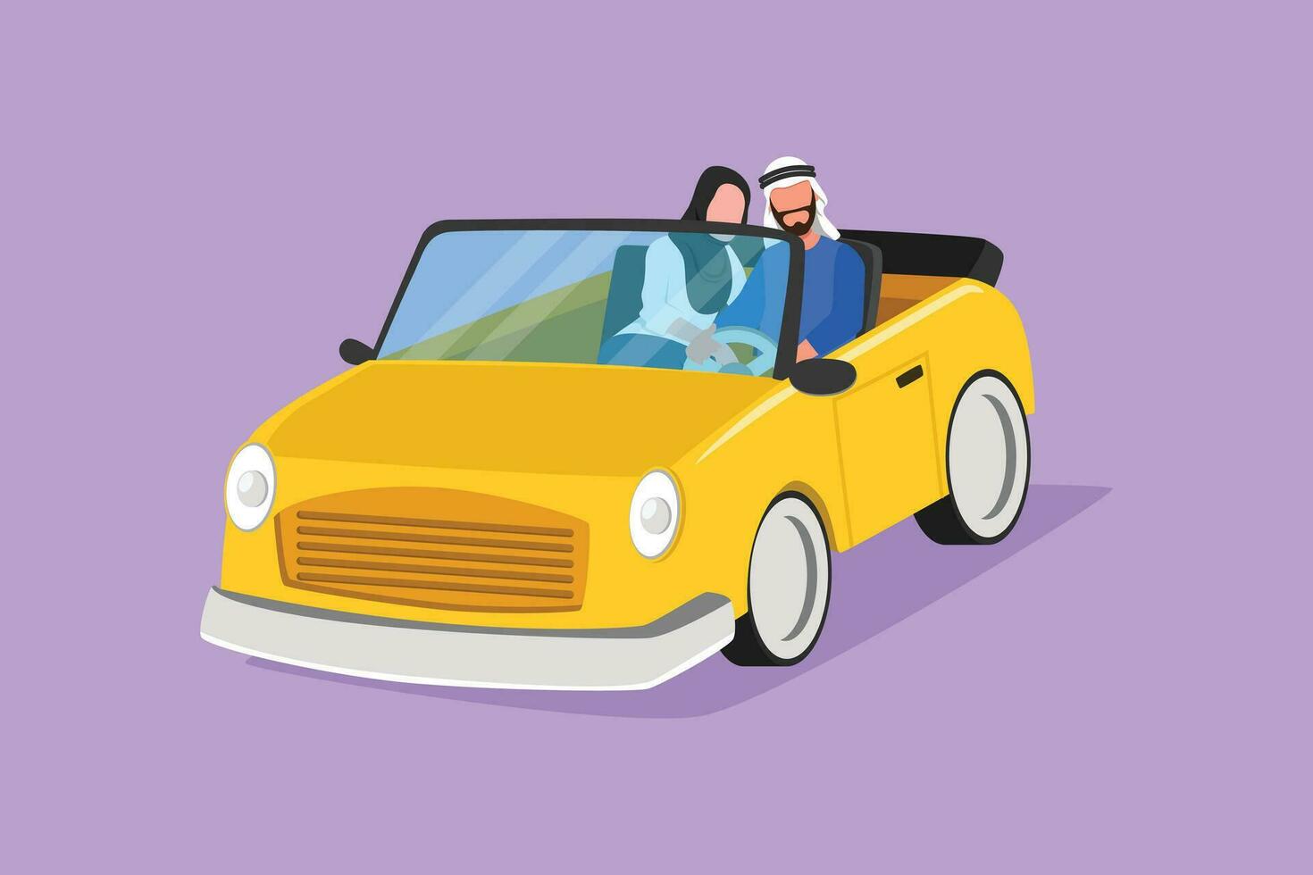 karakter vlak tekening romantisch Arabisch paar rijden auto gaan Aan weg reis. Mens het rijden cabriolet auto terwijl vrouw knuffelen zoenen haar vriend. zomer vakantie. tekenfilm ontwerp vector illustratie