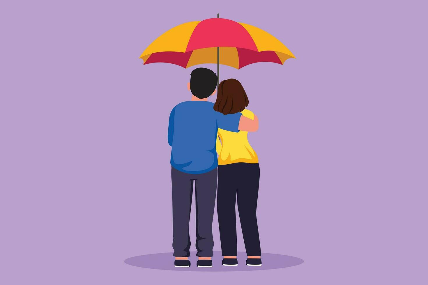 grafisch vlak ontwerp tekening terug visie geliefden paar in regen. schattig paar in liefde wandelen onder regen met paraplu. gelukkig Mens en vrouw zijn wandelen langs stad straat. tekenfilm stijl vector illustratie