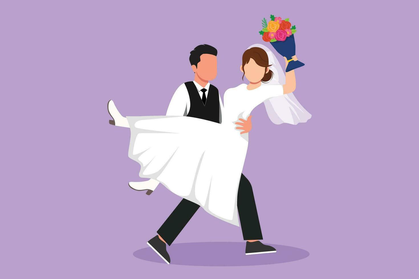 tekenfilm vlak stijl tekening Mens Holding mooi vrouw vervelend bruiloft jurk met boeket. jongen in liefde geven bloemen. gelukkig paar krijgen klaar voor bruiloft feest. grafisch ontwerp vector illustratie