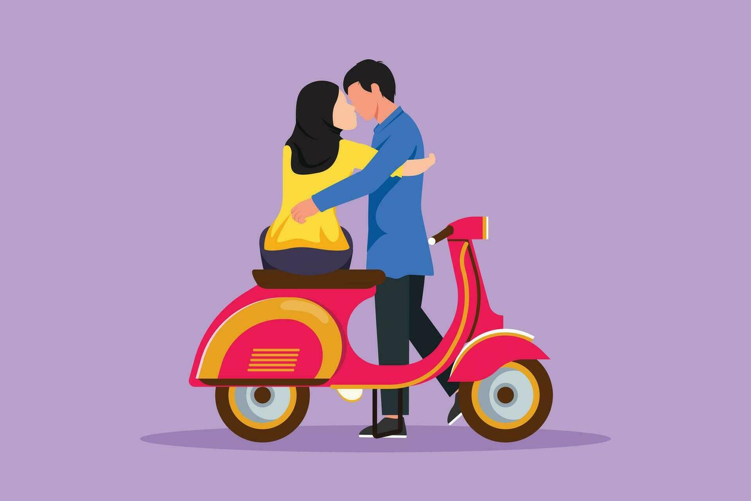 tekenfilm vlak stijl tekening gelukkig Arabisch Mens en vrouw zoenen elk andere Aan motorfiets. scooter, reis, avontuur, rijden concept. familie paar reizen door scooter. grafisch ontwerp vector illustratie