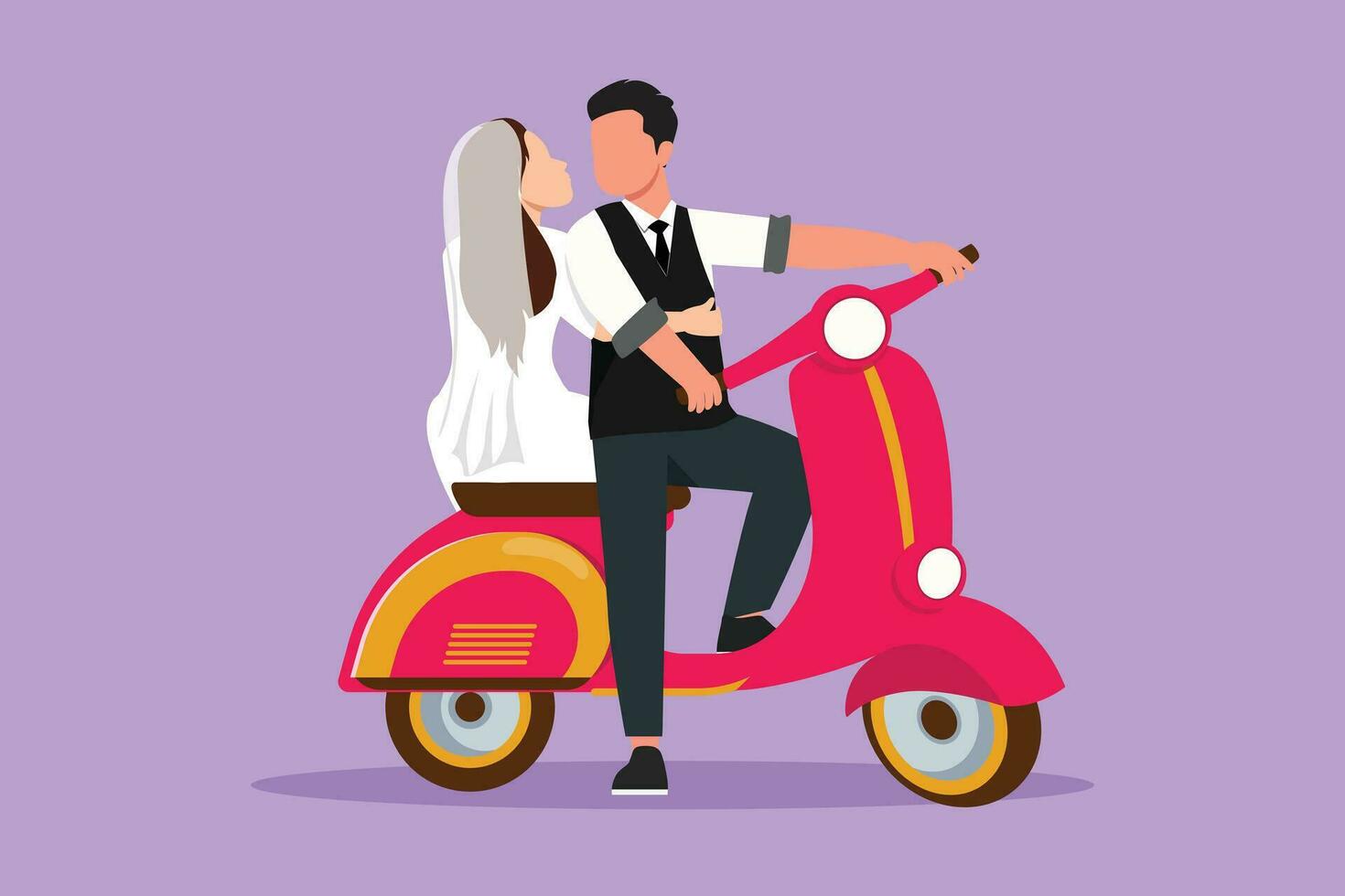 karakter vlak tekening getrouwd paar met scooter vintage, pre-huwelijk concept. gelukkig Mens en schattig vrouw met motorfiets, verliefd relatie. romantisch weg reis. tekenfilm ontwerp vector illustratie