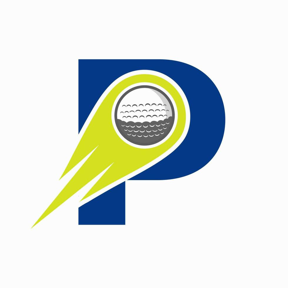 brief p golf logo concept met in beweging golf bal icoon. hockey sport- logotype symbool vector sjabloon