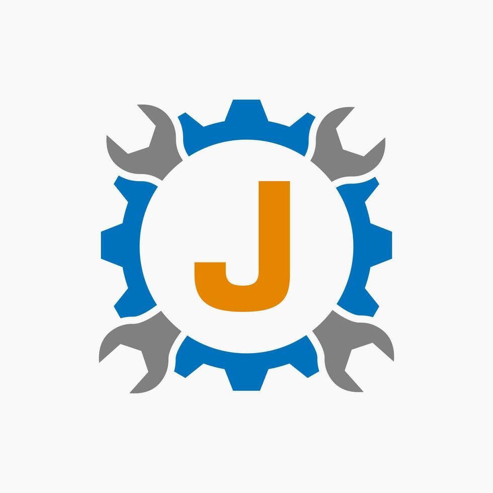 brief j reparatie logo uitrusting technologie symbool. bouw onderhoud logo ontwerp vector
