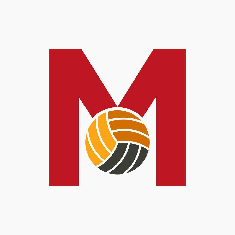 brief m volleybal logo concept met in beweging volley bal icoon. volleybal sport- logotype sjabloon vector