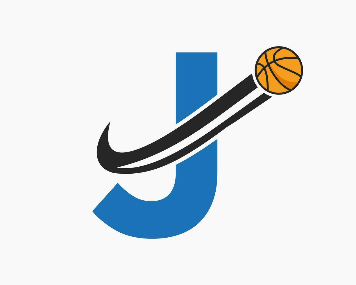 eerste brief j basketbal logo concept met in beweging basketbal icoon. mand bal logotype symbool vector