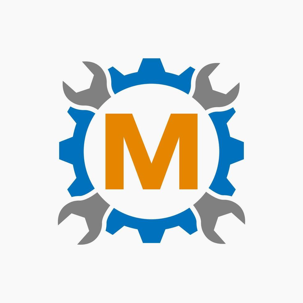 brief m reparatie logo uitrusting technologie symbool. bouw onderhoud logo ontwerp vector